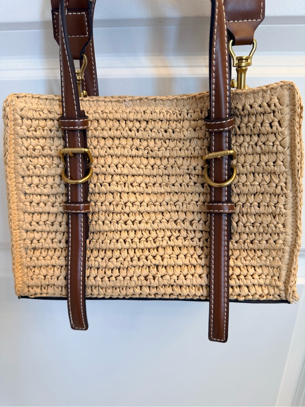 Zara Natural Straw Tote with Brown Leather Handles and Gold Hardware - Picture 2 of 6